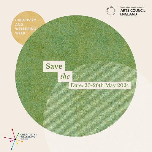a green circle on a beige background, featuring the words save the date: 20-26th May 2024