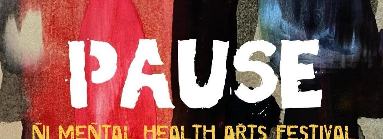 logo for the festival - the word PAUSE in white text over a colourful painted background