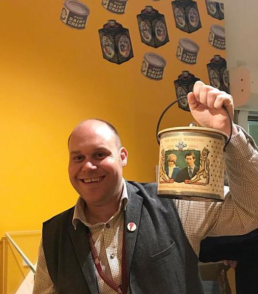Steven Skelley holding a tin from the Barnsley Canister Company