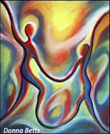 pastel image by Donna Betts of two colourful figures dancing 