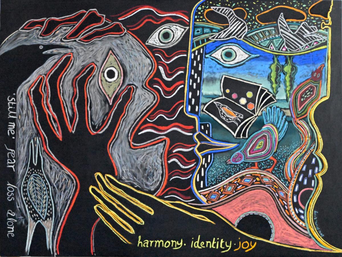 "D-iagnosis", an image of two faces representing anguish after a dementia diagnosis, and the potential for engaging with the arts to create a more positive state of mind