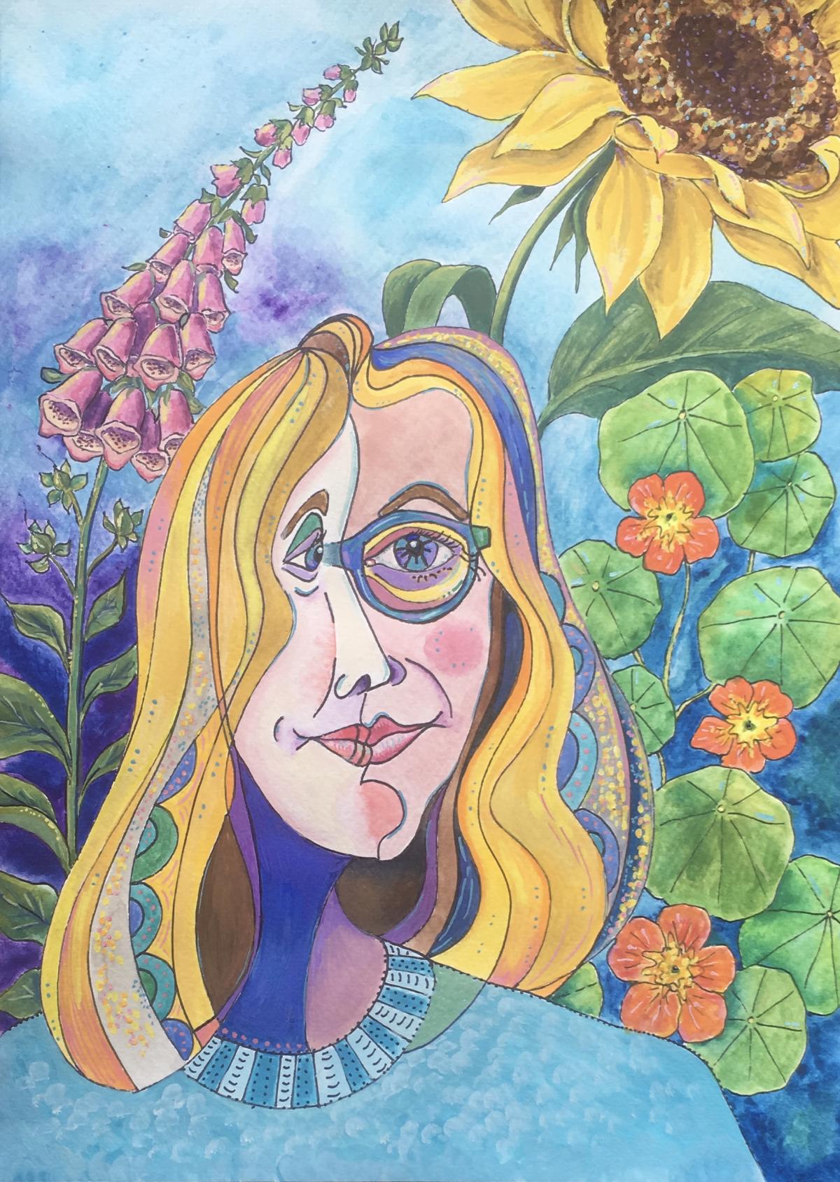 Self portrait in gouache and fine liner- Ali Bird