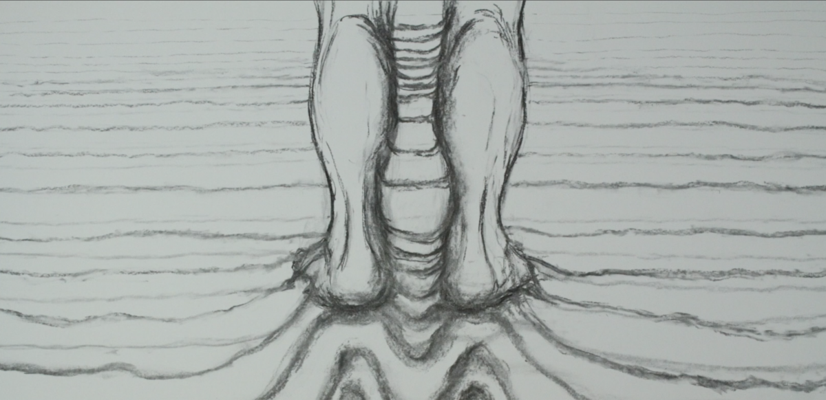 a drawing of the lower half of someone's legs on the sand, surrounded by lines in the sand