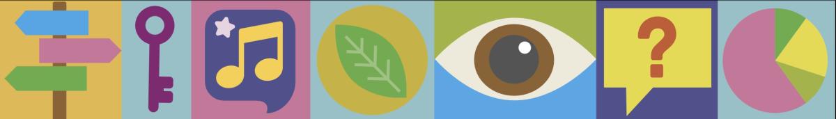 banner featuring icons from the quality framework: signposts, a key, music, a leaf, an eye, a question mark and a pie chart