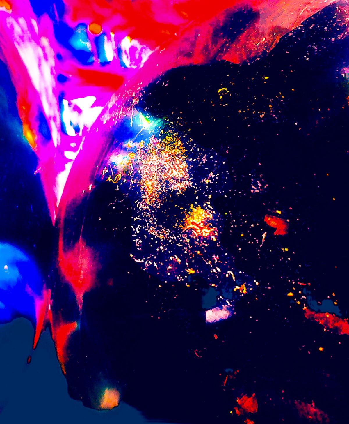 an abstract digital artwork with a dark background featuring bright prin, blues and fine points of yellow light in the centre