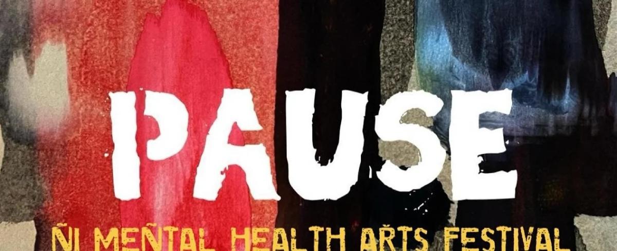 logo for the festival - the word PAUSE in white text over a colourful painted background