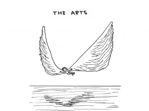 David Shrigley drawing titled The Arts, with a figure flying over water "The arts give you wings"