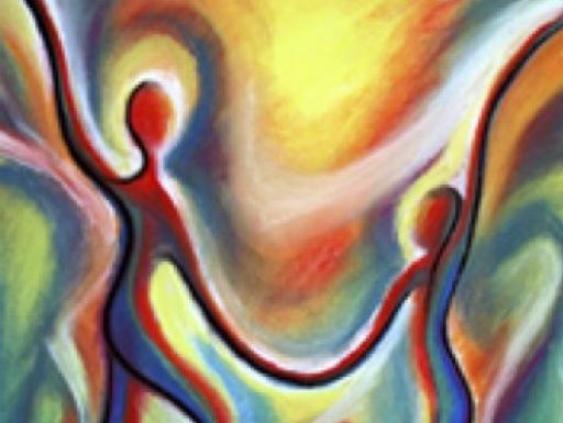 pastel image by Donna Betts of two colourful figures dancing 
