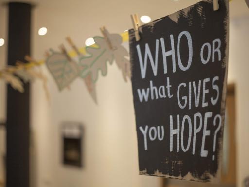 paper pinned to a wall with 'who or what gives you hope?' written on it