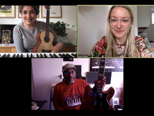 Three musicians on a split screen on zoom: Clive Hunte, Amina Hussain, Lucy Geddes