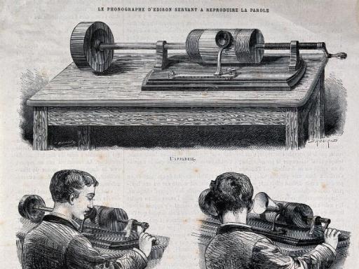 Acoustics: an Edison wax cylinder recorder. Wood engraving. Wellcome Collection. Attribution 4.0 International (CC BY 4.0)