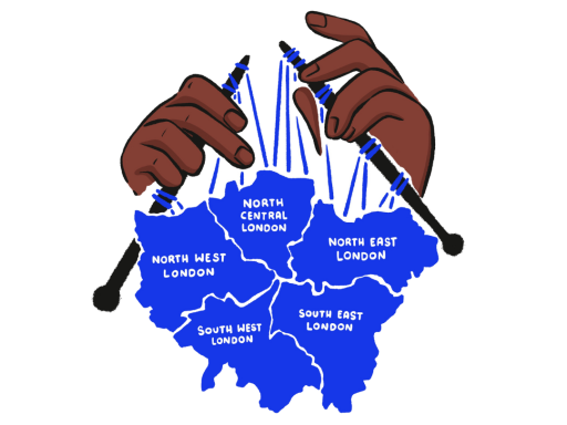 a cartoon of two hands knitting together the areas of london