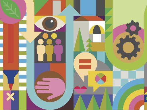 A colourful collage of icons including an eye, a hand, a pen, a leaf and some cogs