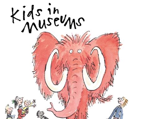 Logo featuring a Quentin Blake painting of a bright red wooly mammoth on a display stand with children and adults staring excitedly up at it 