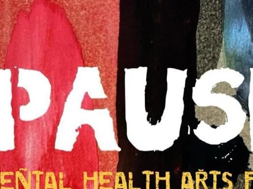 logo for the festival - the word PAUSE in white text over a colourful painted background