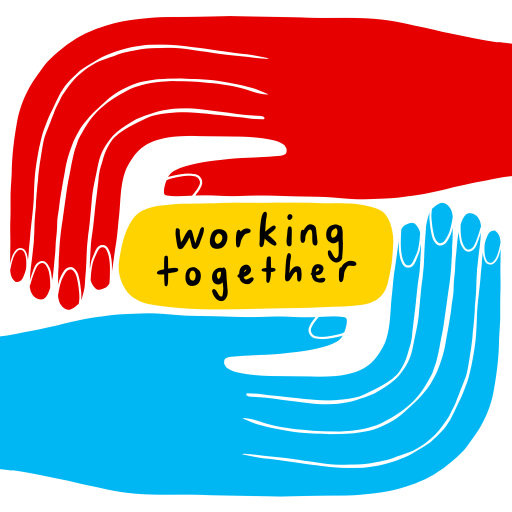 logo for working together - a red hand and a blue hand surrounding the words working together in black on a yellow lozenge shape