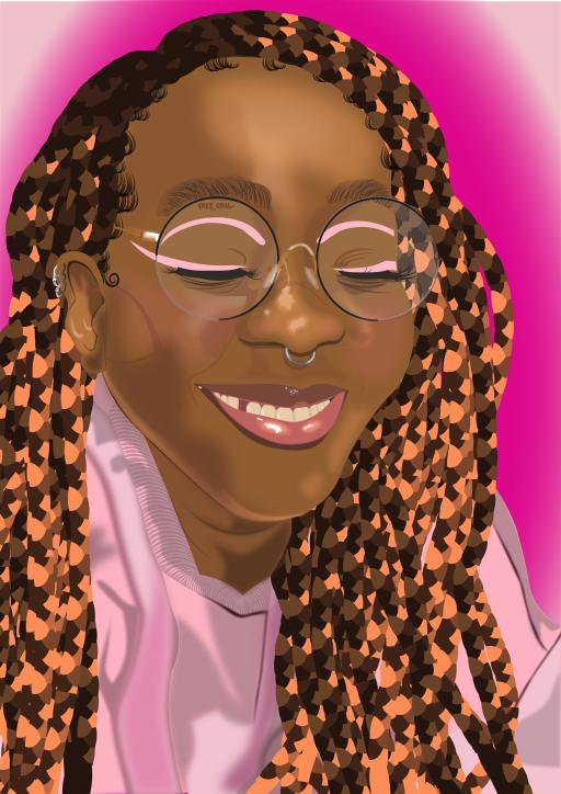 A self-portrait illustration of Nikẹ Opal wearing a pink jumper, pink eyeliner, golden-framed glasses with blonde cascading braids smiling their iconic smile.