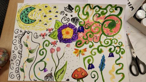 A multicoloured drawing of plants and flowers