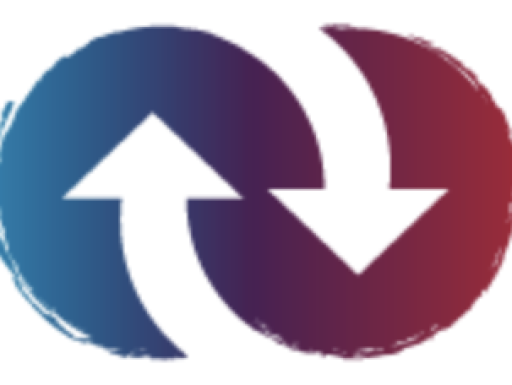 Blue and red logo with two arrows